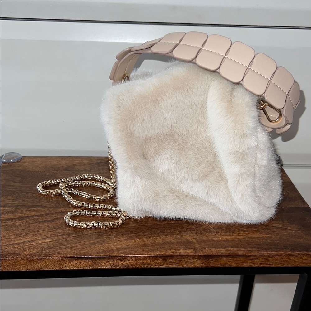 Aldo Cream Faux Fur Mini Bag with Gold Chain